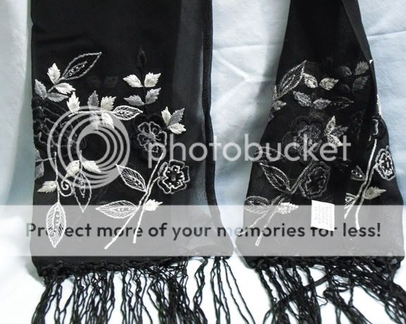 Ladies Scarf, Black Embroidered, 70 Long 7 Tassles  