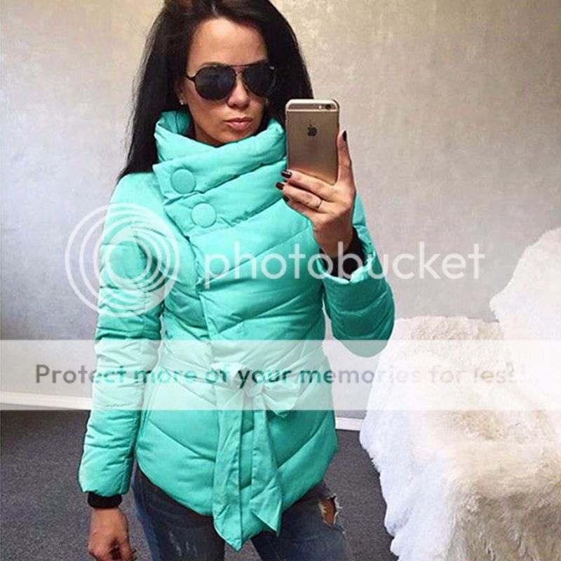 Womens Puffer Jacket Belted Warm Coats Turtle Neck Quilted Parka Tops ...